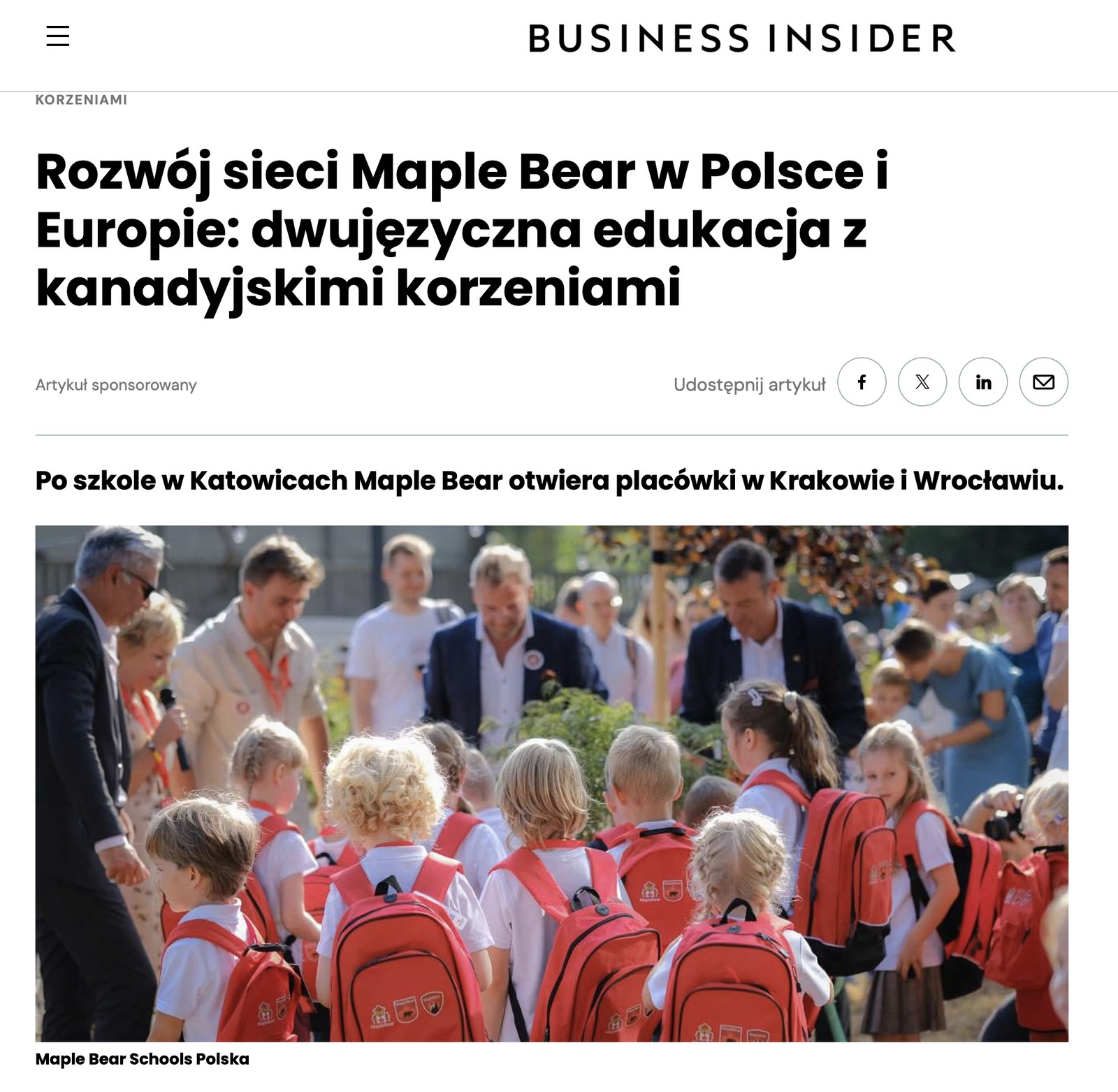 Artykuł o rozwoju sieci Maple Bear w Business Insider